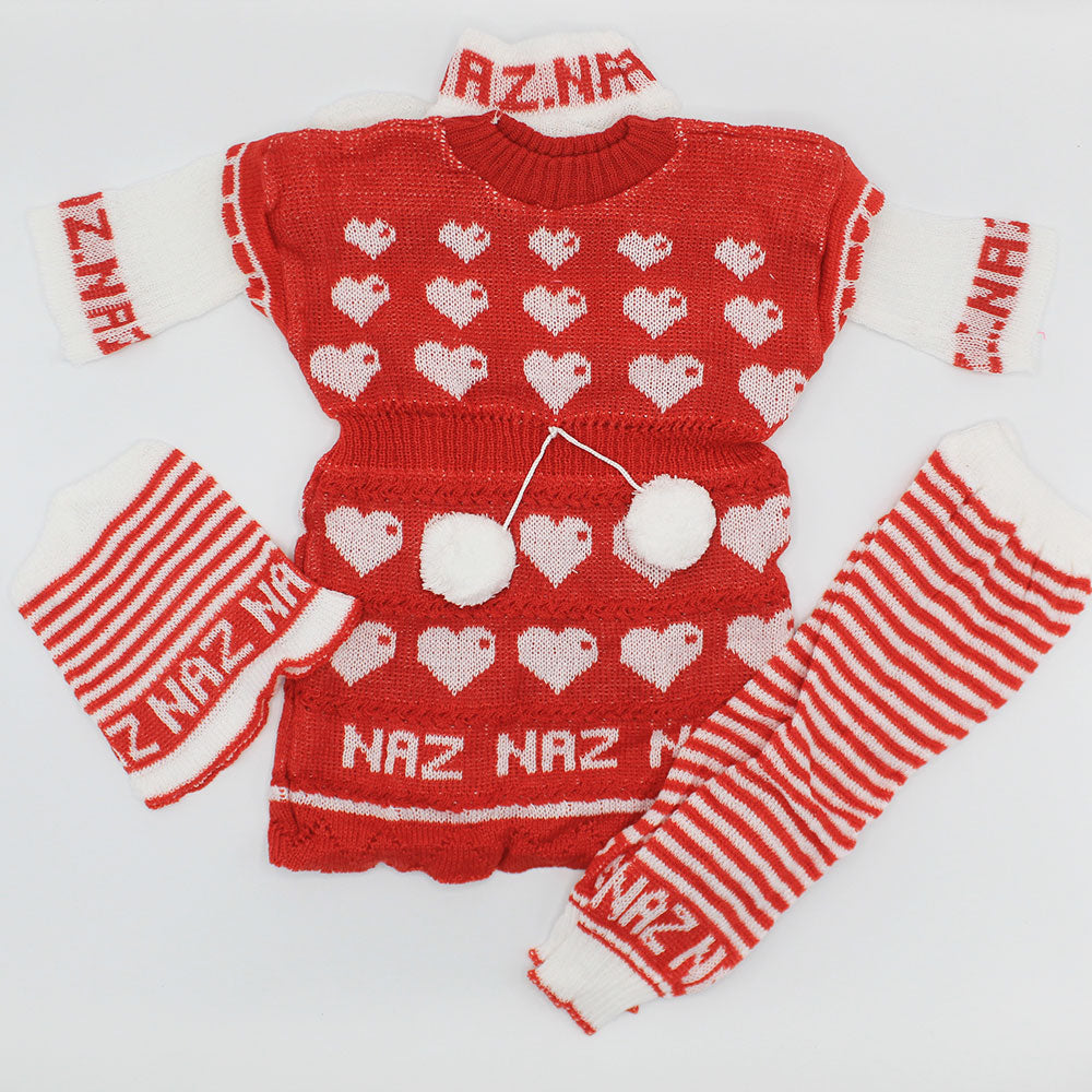 Baby Girl Winter Hearts Woolen Knitted Baby 4 Pcs Sweater Suit With Cap for 0-6 Months