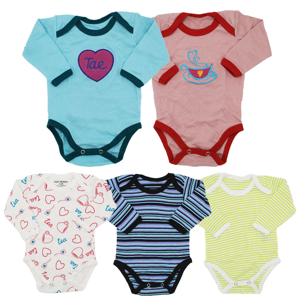 Imported Next Dreams Baby Set of 5 Bodysuit Full Sleeves Onesie Romper for 0-23 Months