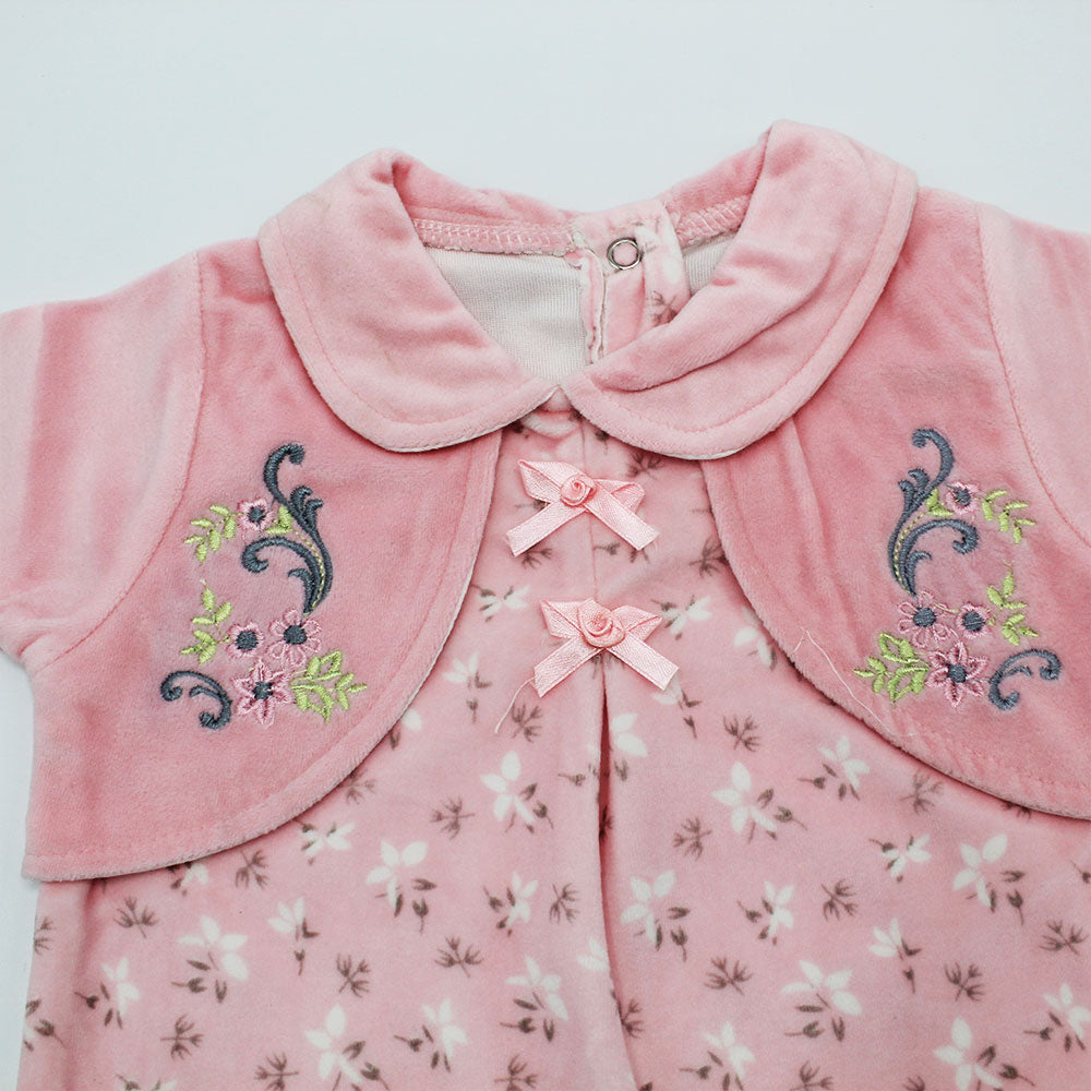 Baby Girl Winter Warm Flower Embroidered Overcoat Style Velour Fleece Romper for 0-8 Months