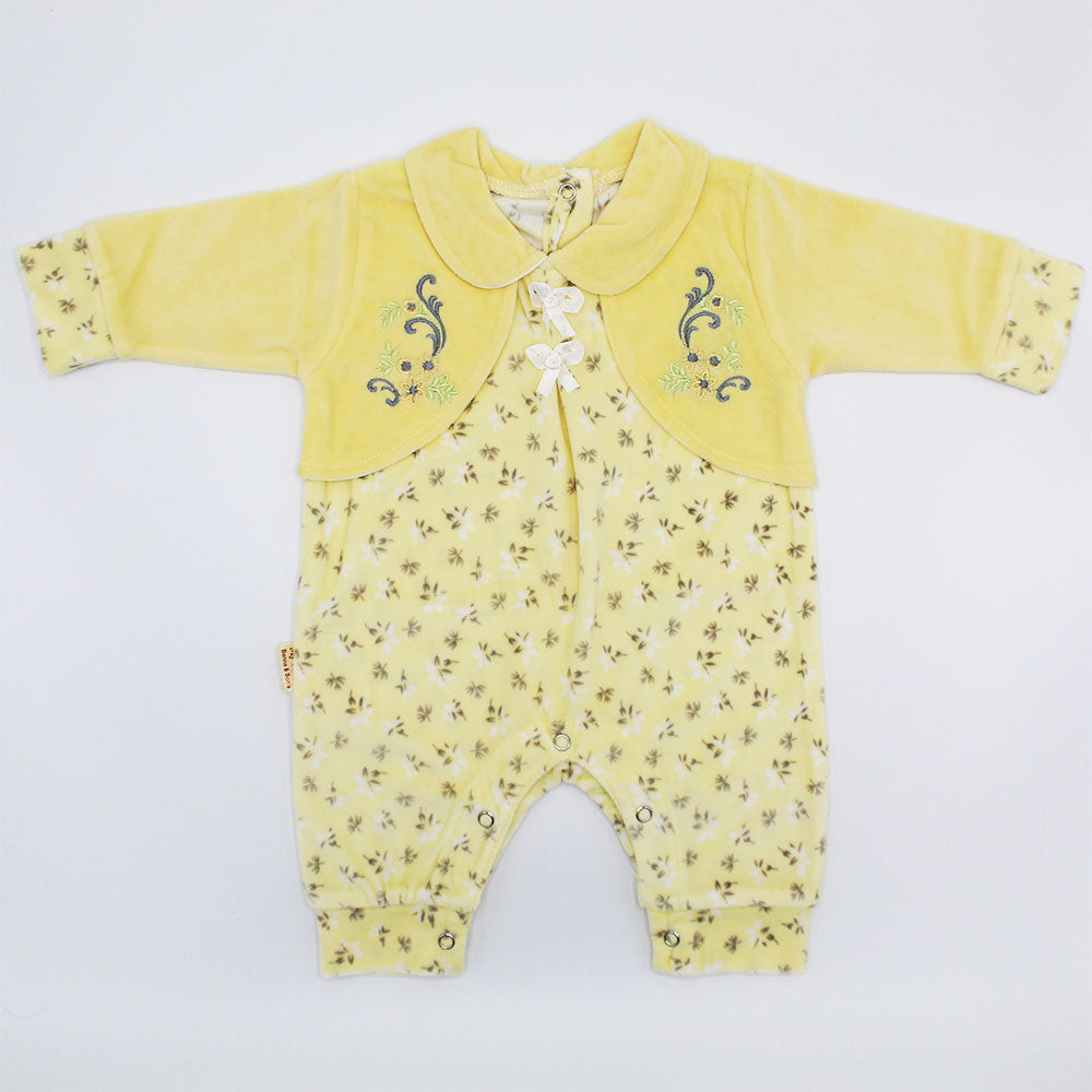Baby Girl Winter Warm Flower Embroidered Overcoat Style Velour Fleece Romper for 0-8 Months