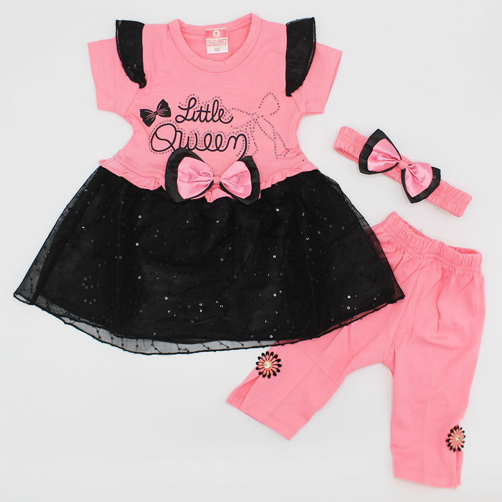 Baby Girl Fancy Bow Two Colored Long Frock Dress with Pant and Headband for 6 Months - 3 Years