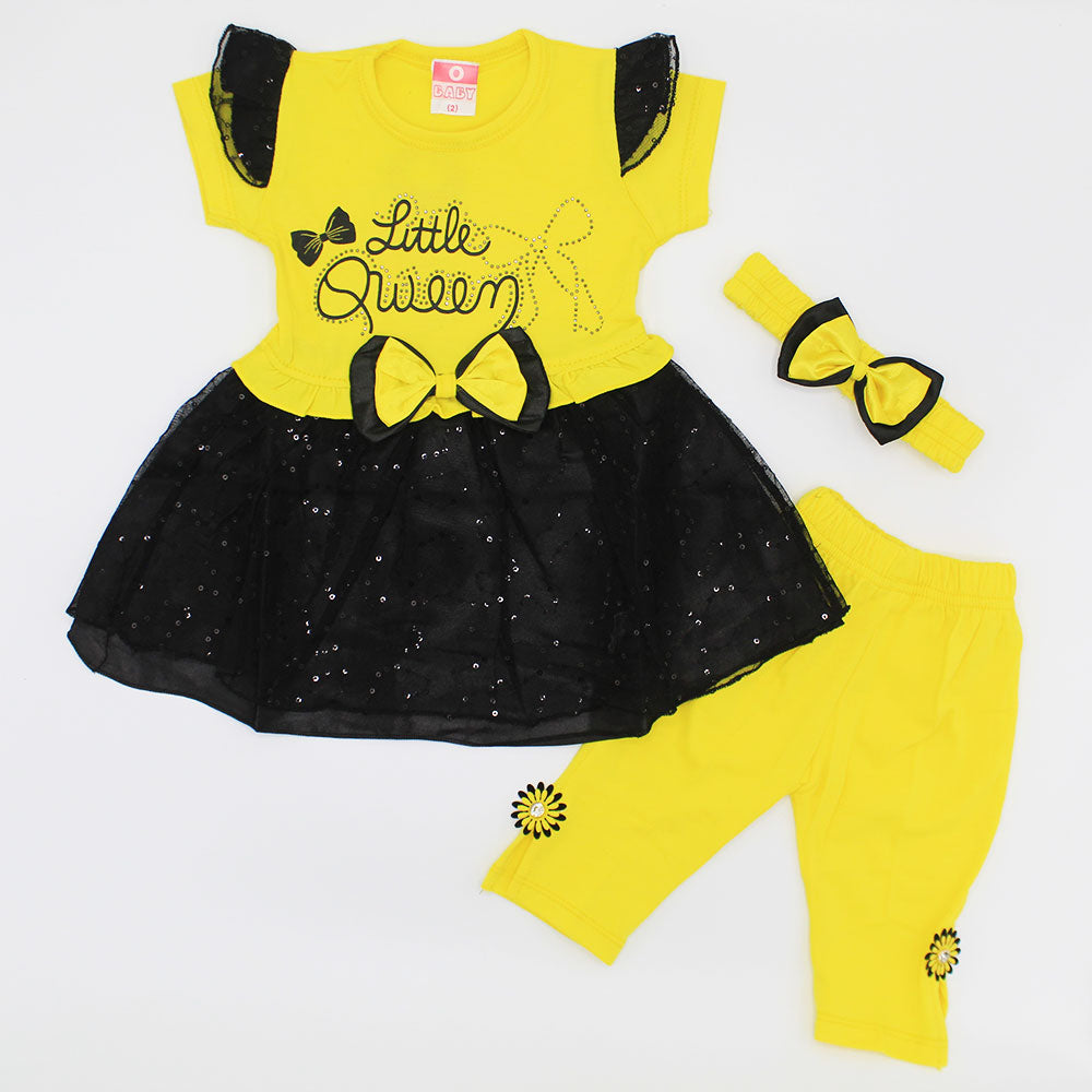 Baby Girl Fancy Bow Two Colored Long Frock Dress with Pant and Headband for 6 Months - 3 Years