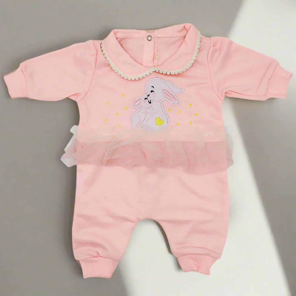 Baby Girl Winter Embroidered Love Rabbit 3 Layer Net Frill Frock Romper for 0-12 Months