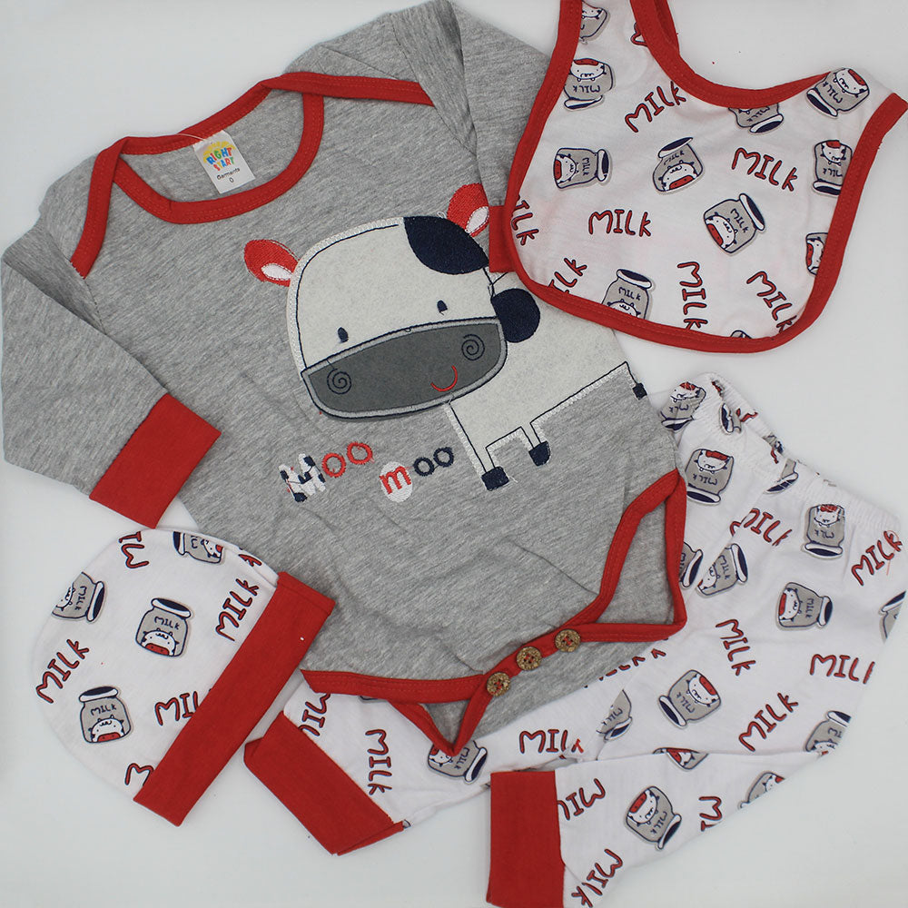 Newborn Baby Moo Moo Milk Long Sleeve Romper Bodysuit with Pajama Cap and Bib for 0-3 months