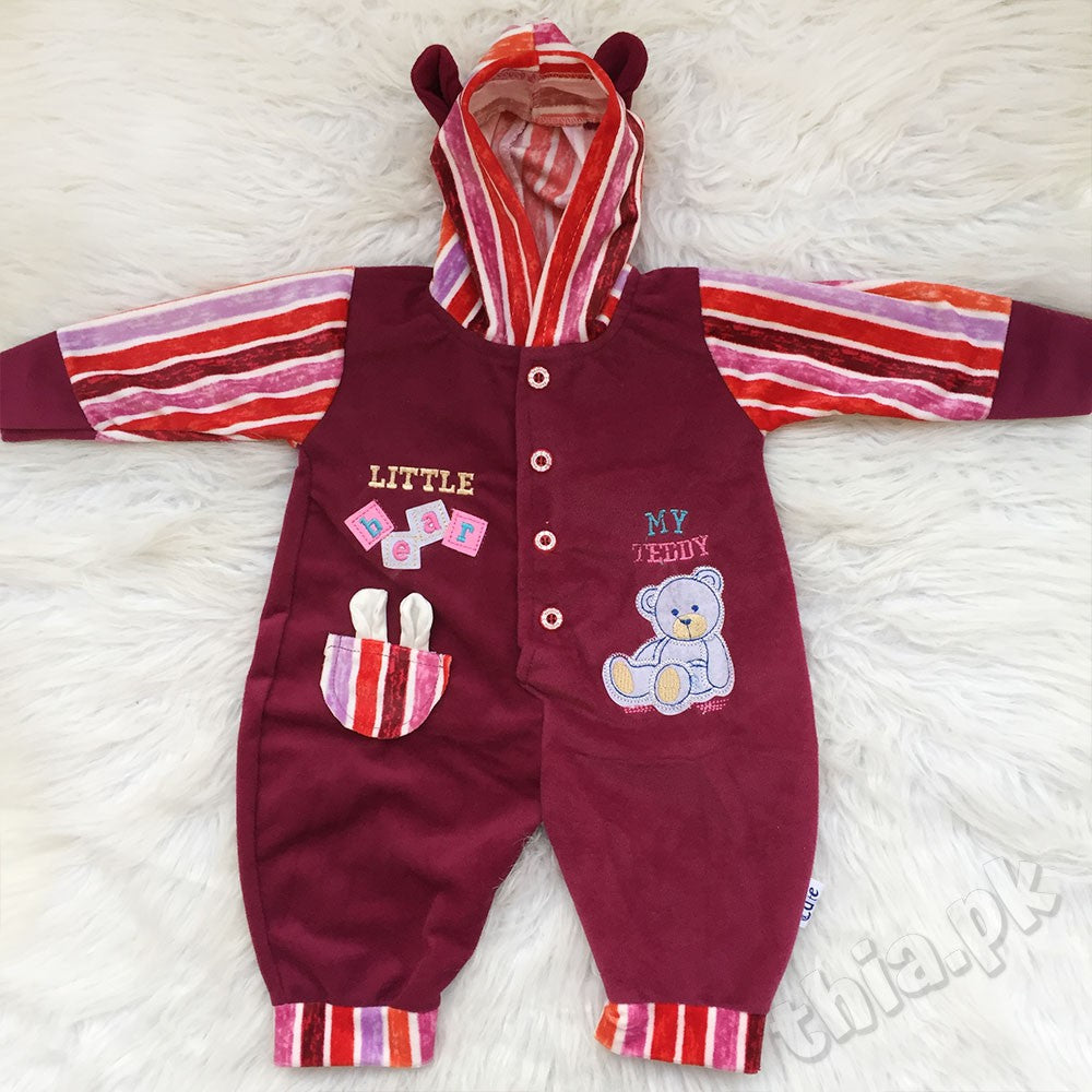 Little Bear Baby Winter Velvet Romper Comfortable Fancy Baby Bodysuit with Attach Cap Hood Full Sleeves