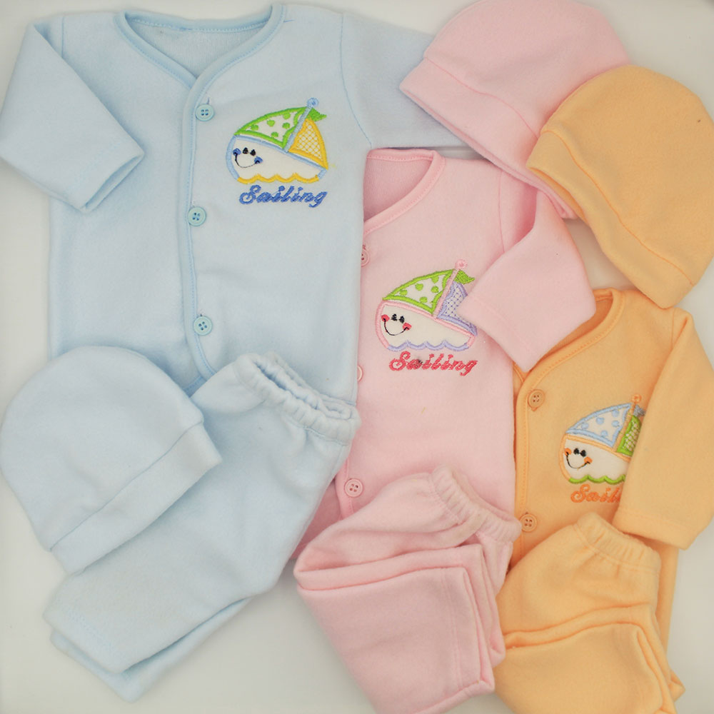 Newborn Set of 3 Winter Fleece Dresses Embroidered Sailing Print 0-3 Months