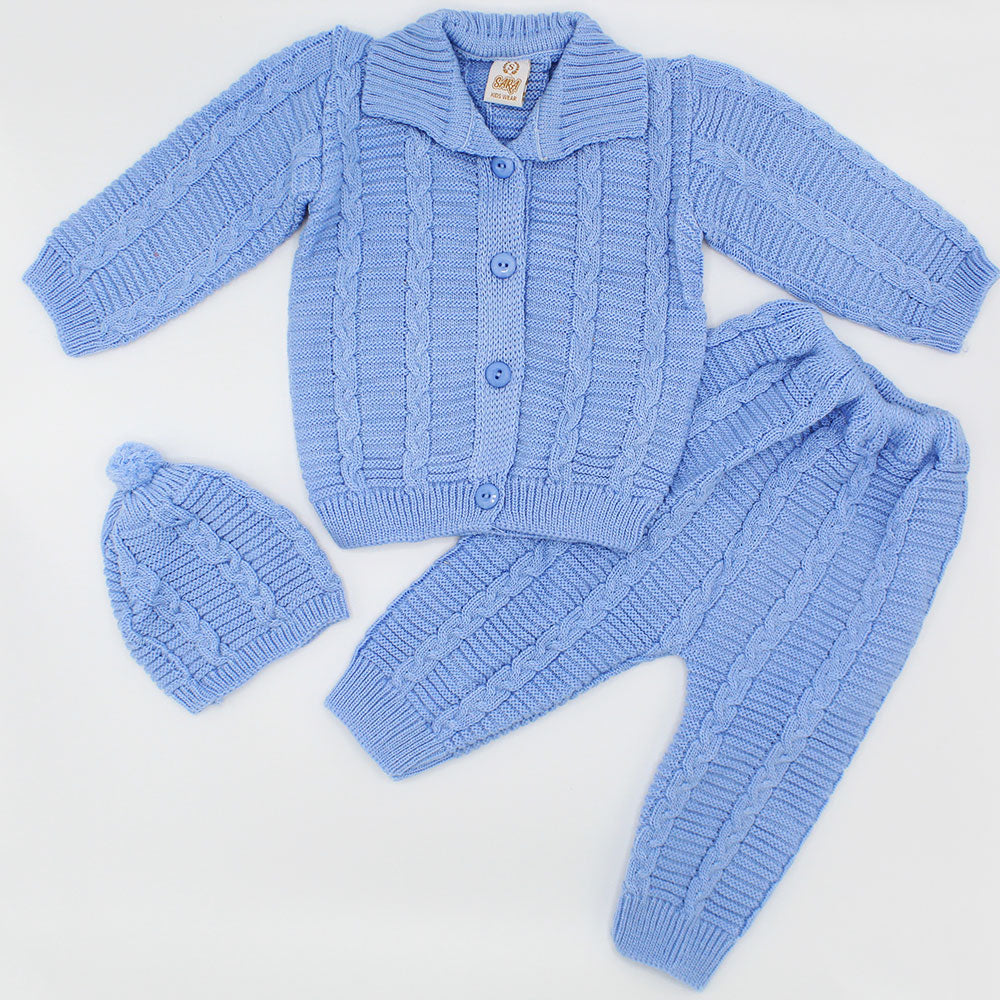 Imported Newborn Winter Woolen Knitted Baby Collar Style Sweater Suit With Cap for 0-9 Months