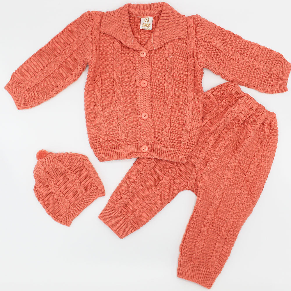 Imported Newborn Winter Woolen Knitted Baby Collar Style Sweater Suit With Cap for 0-9 Months