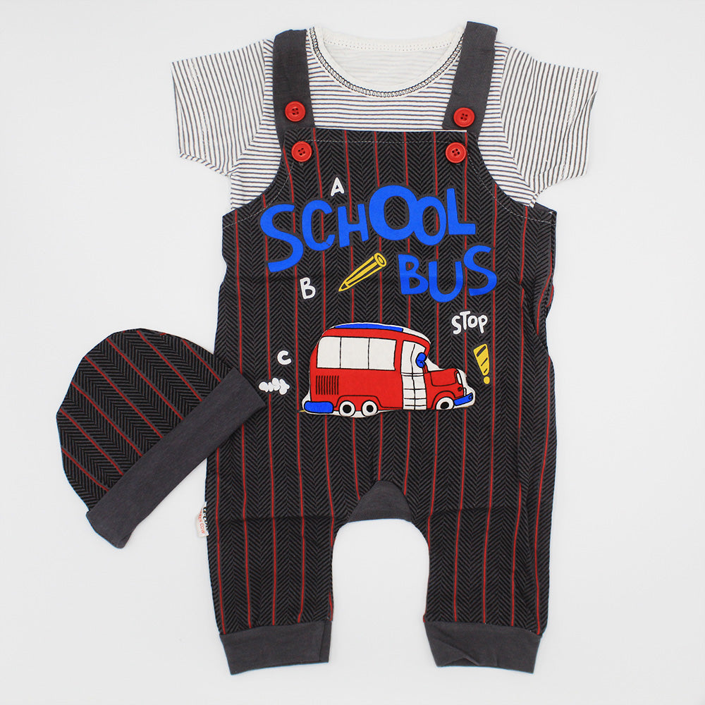 Newborn Baby 3D School Bus Dungaree Romper with Cap for 0-3 Months
