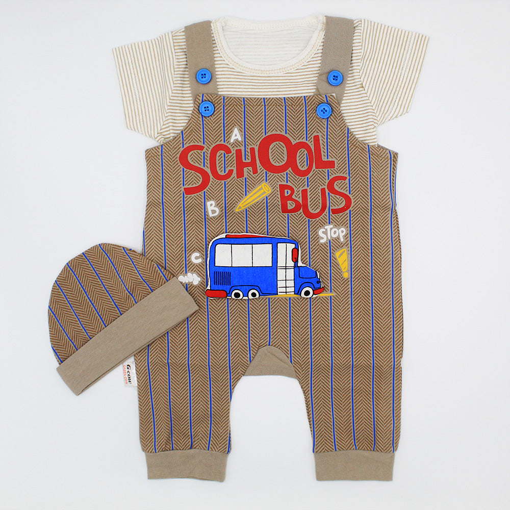 Newborn Baby 3D School Bus Dungaree Romper with Cap for 0-3 Months