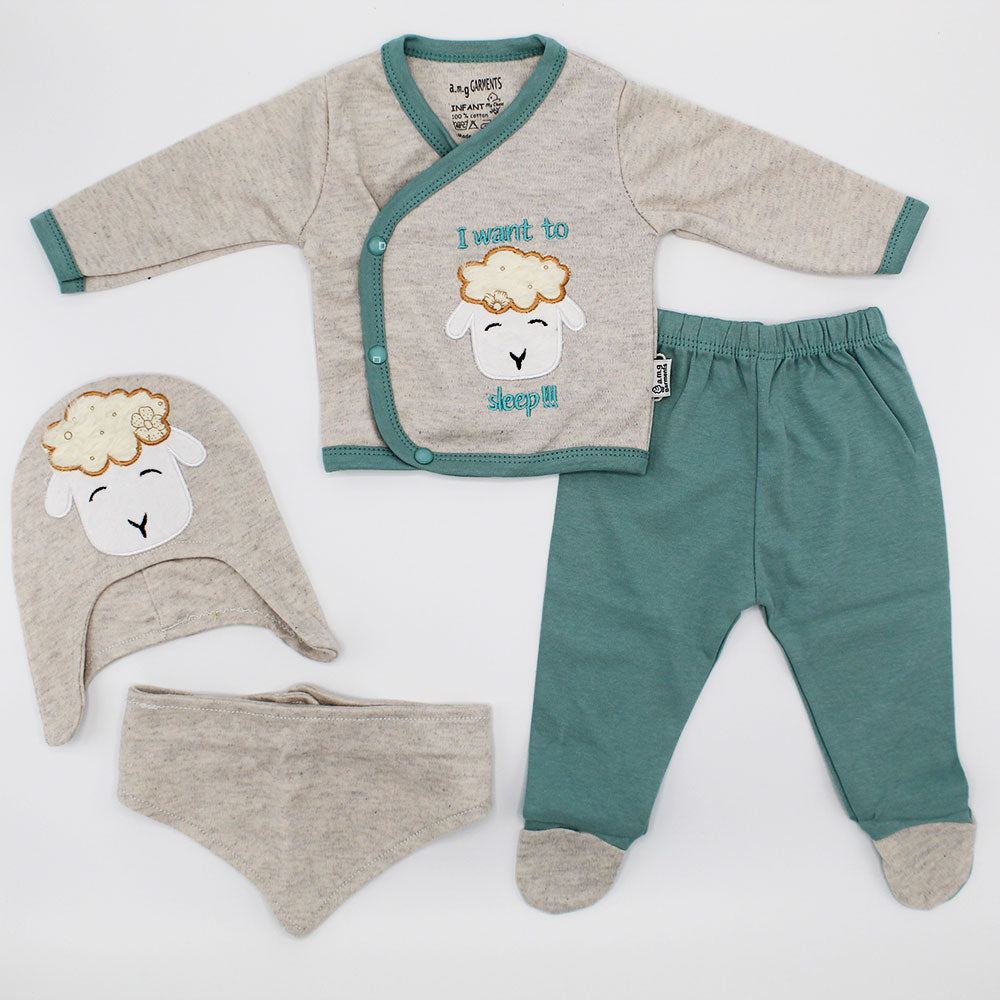 Newborn Baby Sheep Full Sleeves 4 Pcs Starter Dress for 0-3 Months