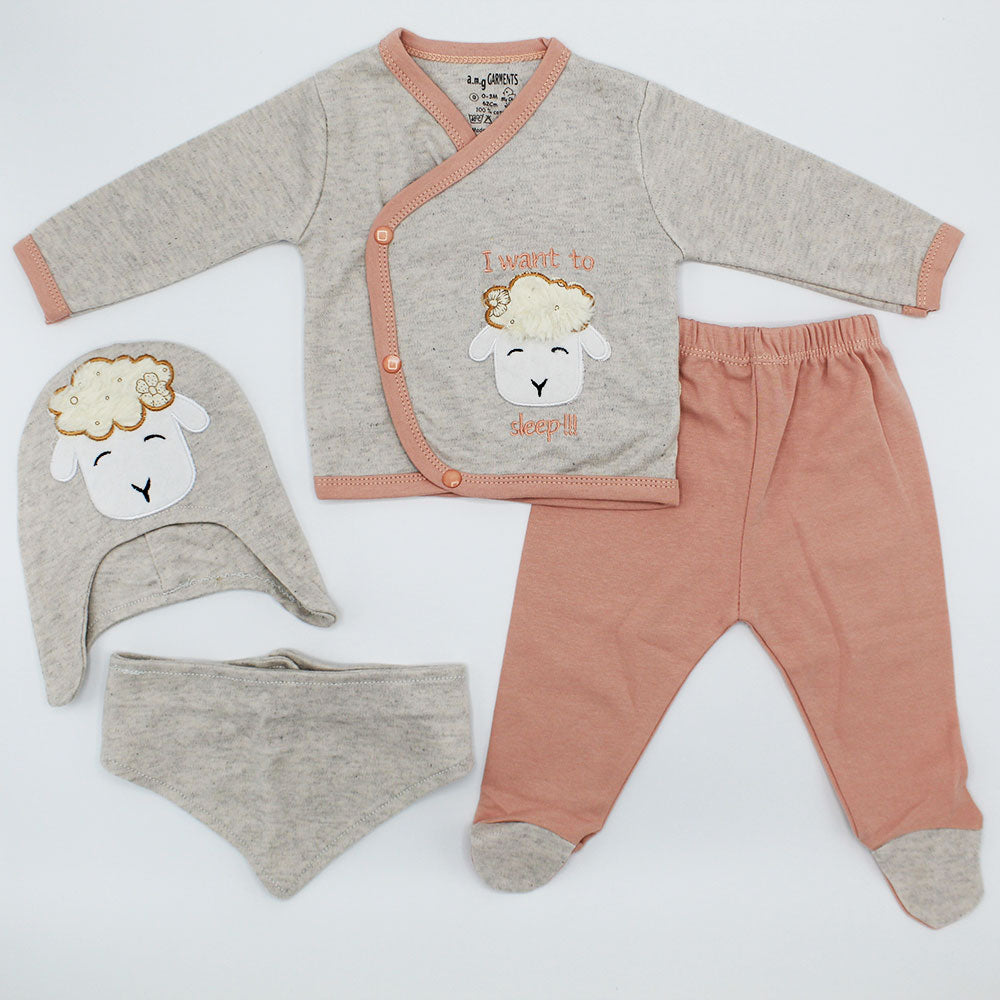 Newborn Baby Sheep Full Sleeves 4 Pcs Starter Dress for 0-3 Months
