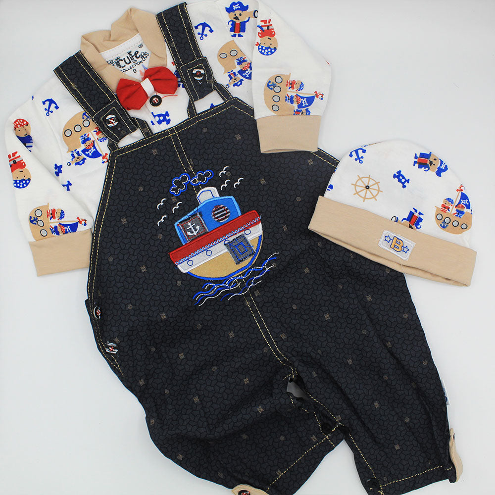 Newborn Baby Gentleman Bow Tie Cotton Long Sleeve Dungaree Romper Embroidered Ship in Water Print Bodysuit with Cap