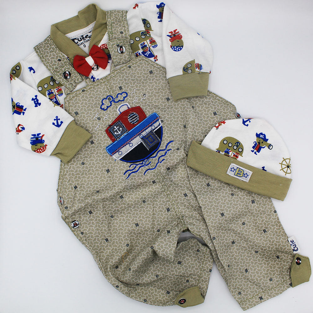 Newborn Baby Gentleman Bow Tie Cotton Long Sleeve Dungaree Romper Embroidered Ship in Water Print Bodysuit with Cap