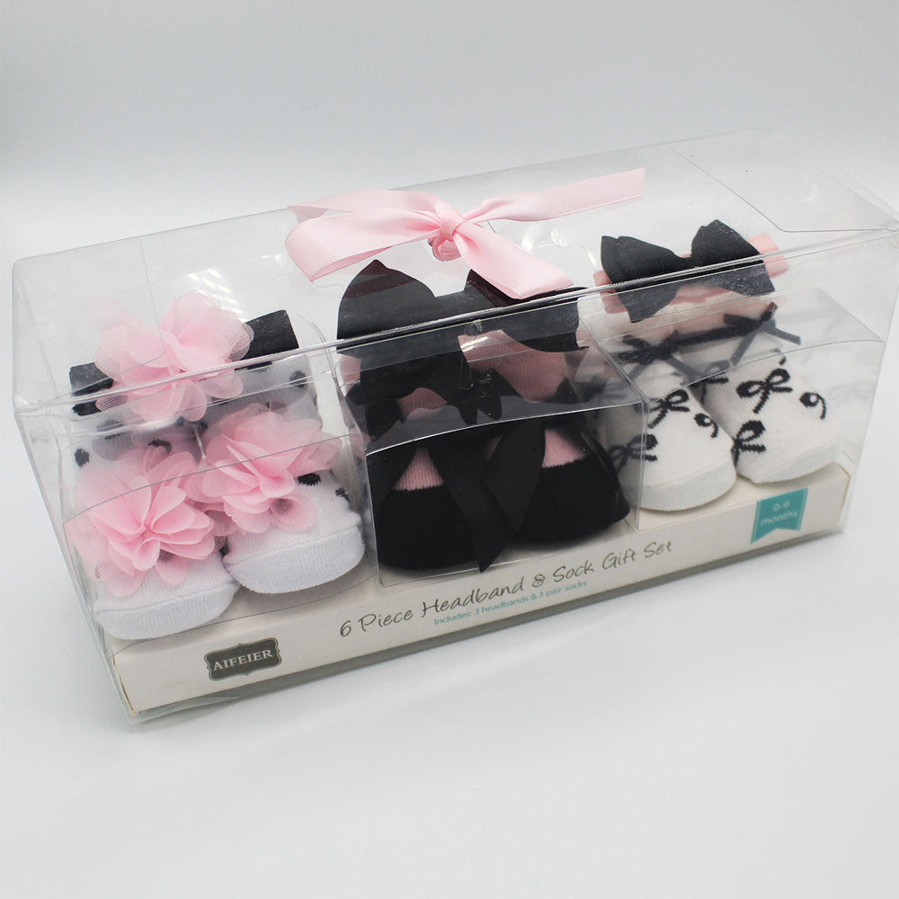 Imported Baby Girl 6 Piece Headband and Socks Booties Box Gift Set for 0-9 Months