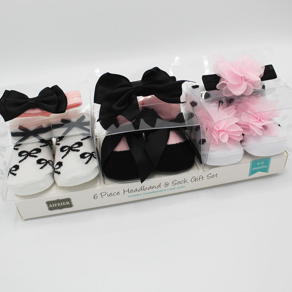 Imported Baby Girl 6 Piece Headband and Socks Booties Box Gift Set for 0-9 Months