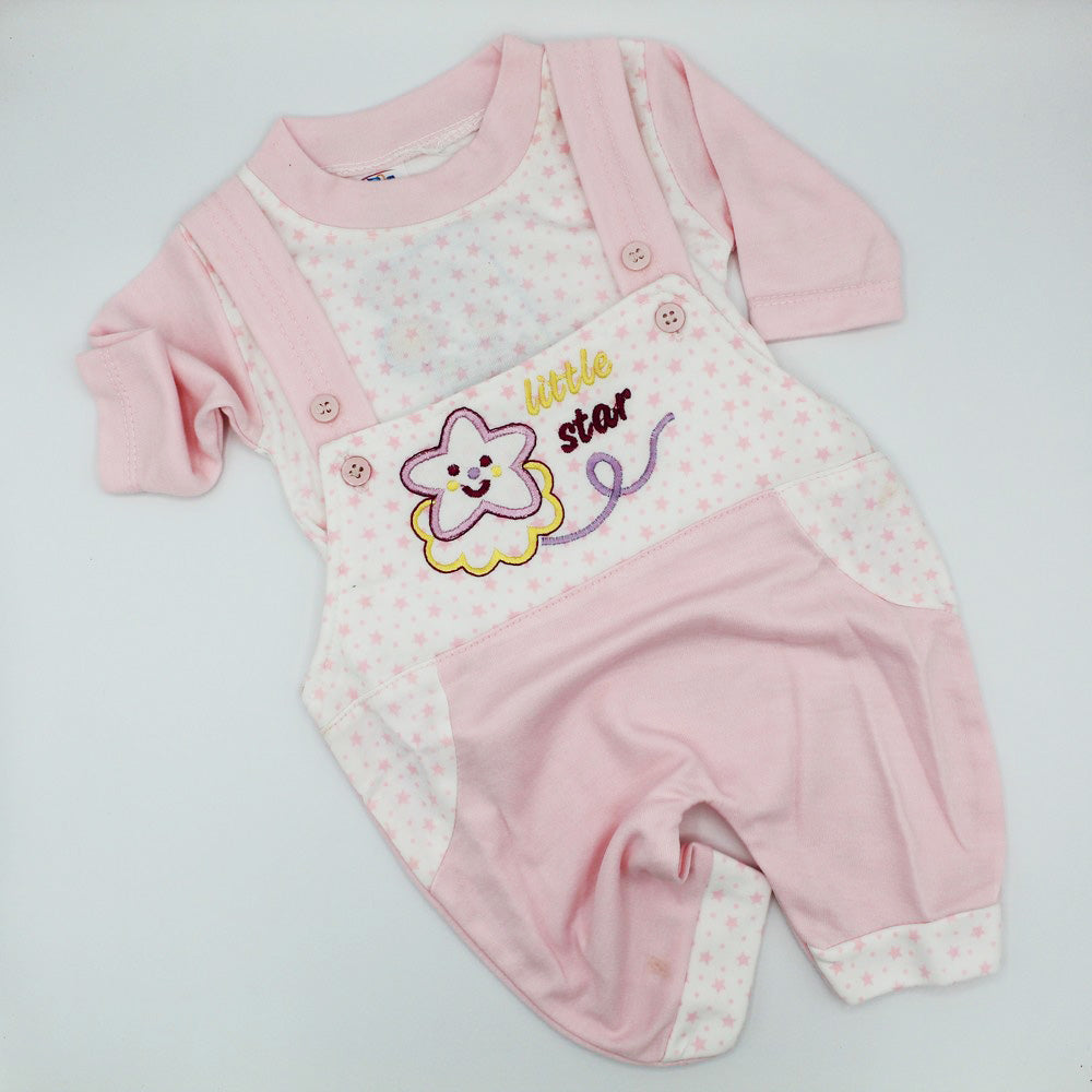 Newborn Baby Little Star Long Sleeve Embroidered Dungaree Romper Bodysuit for 0-3 months