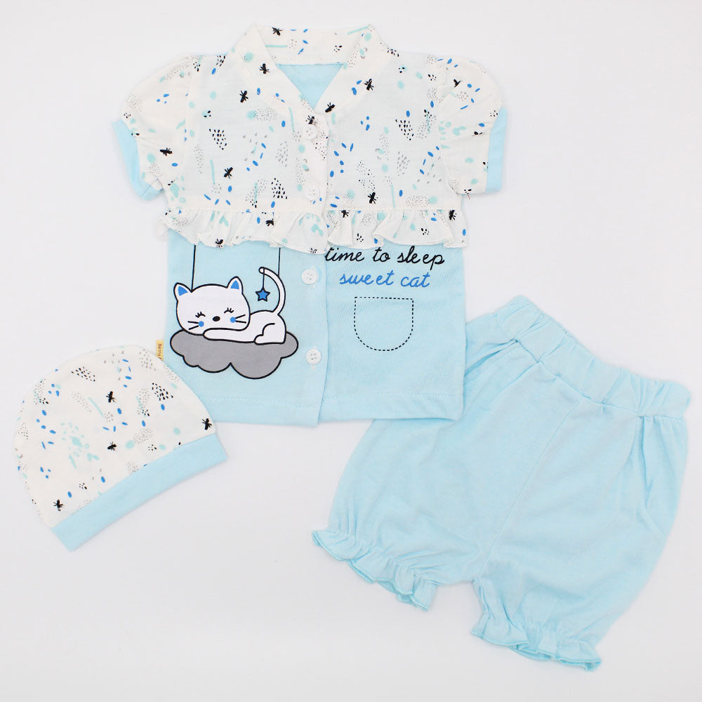Newborn Baby Girl Cute Cat Half Sleeves Dress with Cap for 0-3 Months