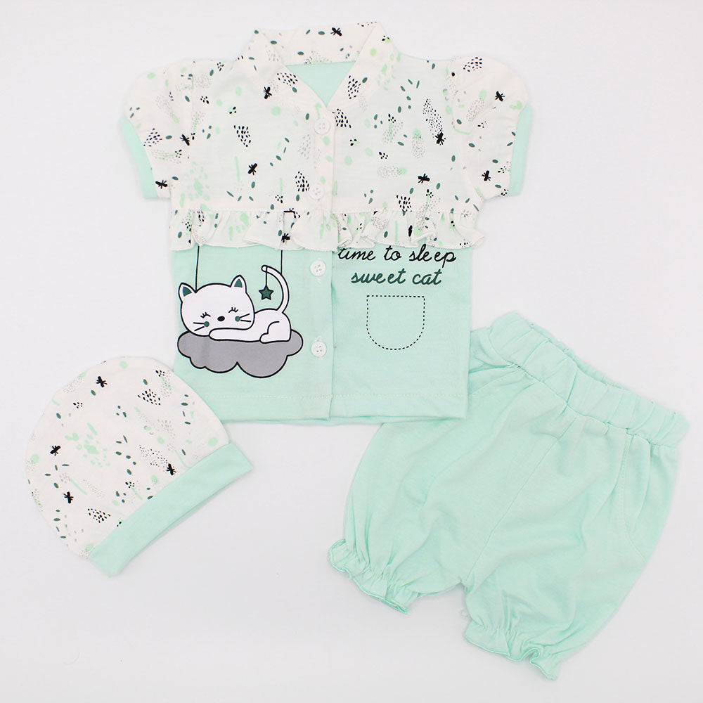 Newborn Baby Girl Cute Cat Half Sleeves Dress with Cap for 0-3 Months