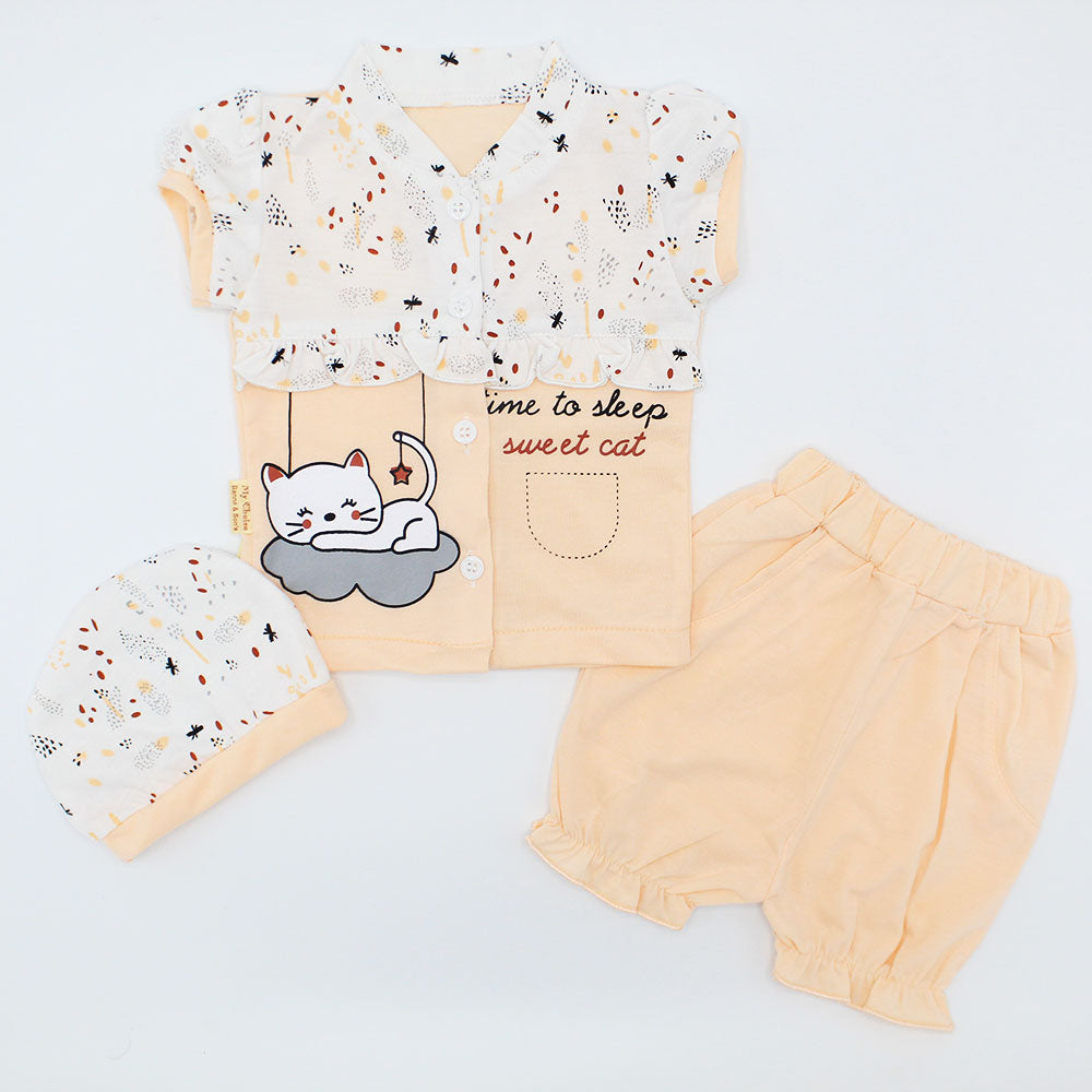 Newborn Baby Girl Cute Cat Half Sleeves Dress with Cap for 0-3 Months