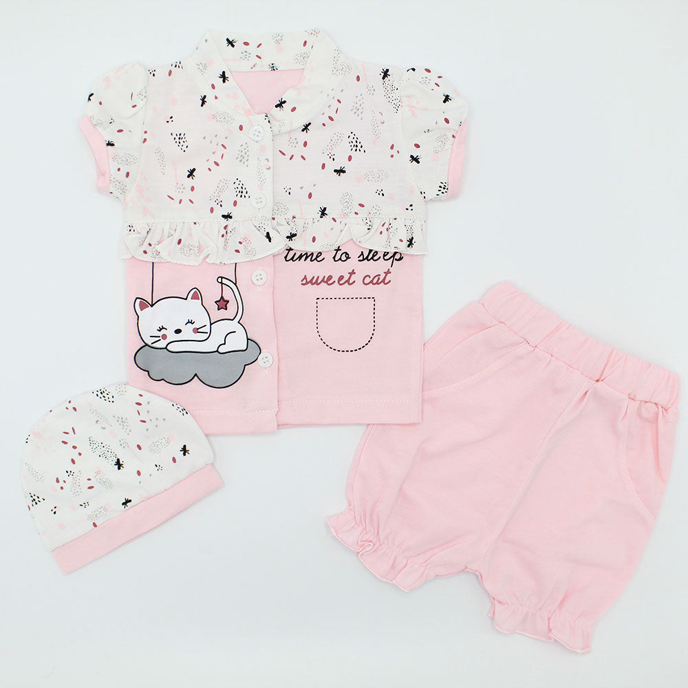 Newborn Baby Girl Cute Cat Half Sleeves Dress with Cap for 0-3 Months