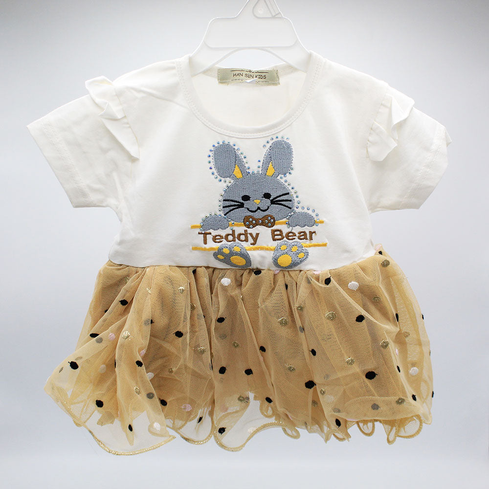 Imported Girls Cute Teddy Bear Half Sleeves Frill Frock Shirt for 6 Months - 3 Years