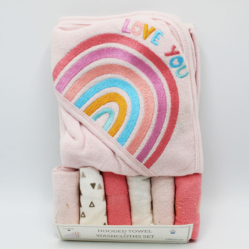 Imported Baby Bath Hooded Towel & 6 Pcs Washcloths Set