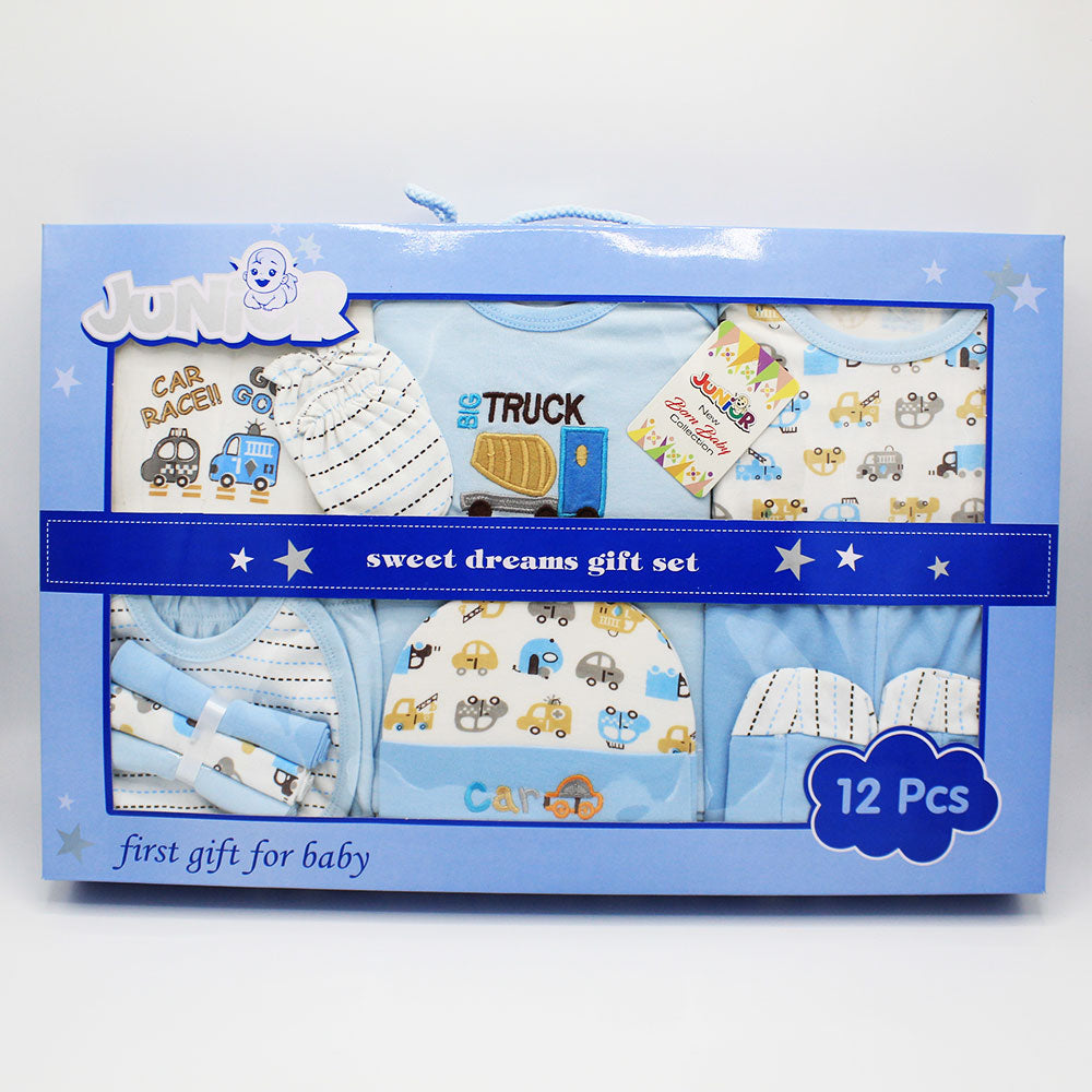Newborn Baby Gift Box 12 Pcs Go Car Truck Embroidered Soft Cotton Summer Starter Set for 0-6 Months