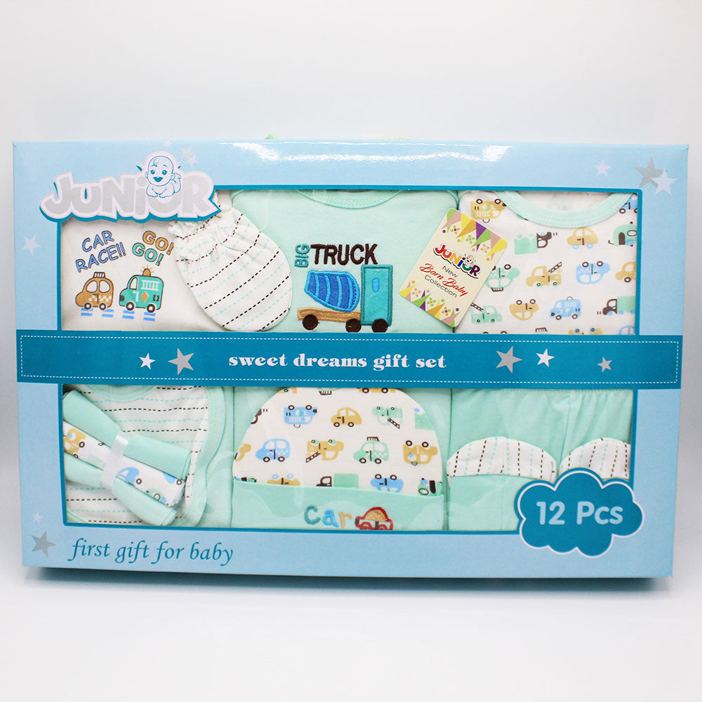 Newborn Baby Gift Box 12 Pcs Go Car Truck Embroidered Soft Cotton Summer Starter Set for 0-6 Months