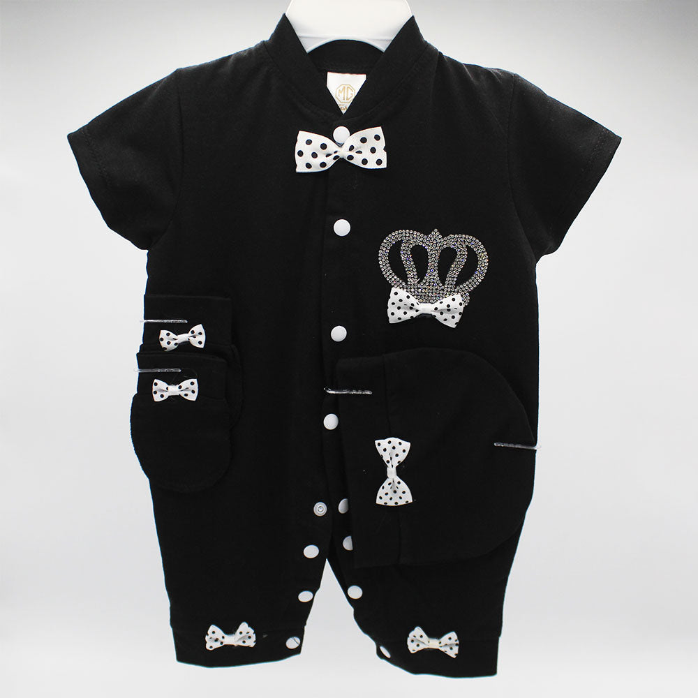 Made As Turkey Summer Half Sleeves 3D Crown Baby Bow Romper Set with Cap and Mittens for 0-9 Months