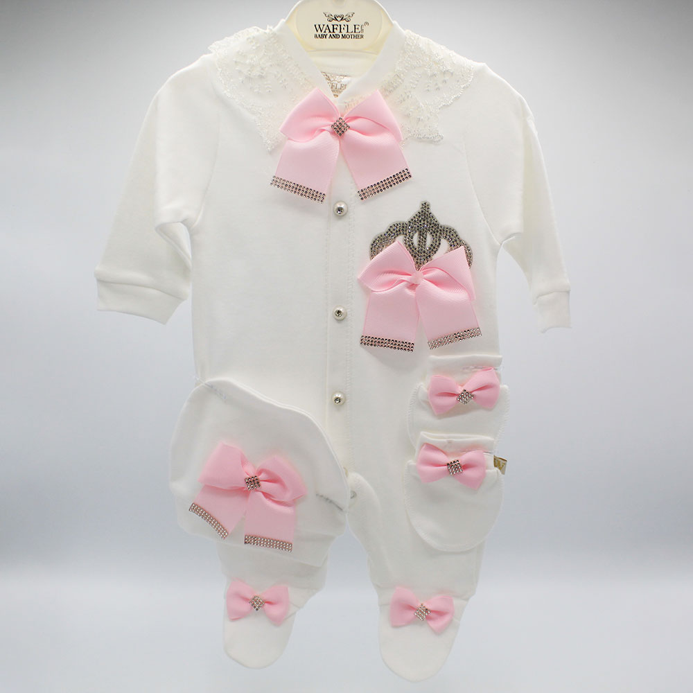 Imported Turkey Baby Girl Super Fancy Crown Bow Full Sleeves Baby Romper with Cap and Mittens for 0-9 Months