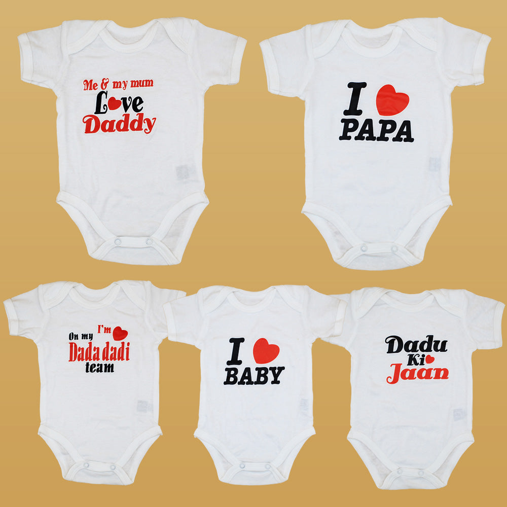 Imported Set of 5 White Printed Bodysuit Half Sleeves Onesie Romper for 0-18 Months