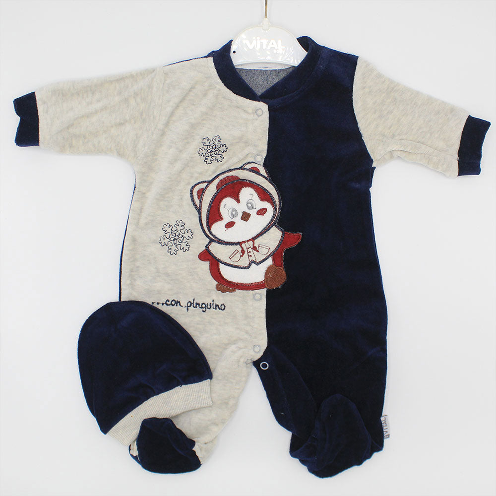 Imported Turkey Baby Winter Snow Penguin Full Sleeves Romper with Cap for 0-9 Months