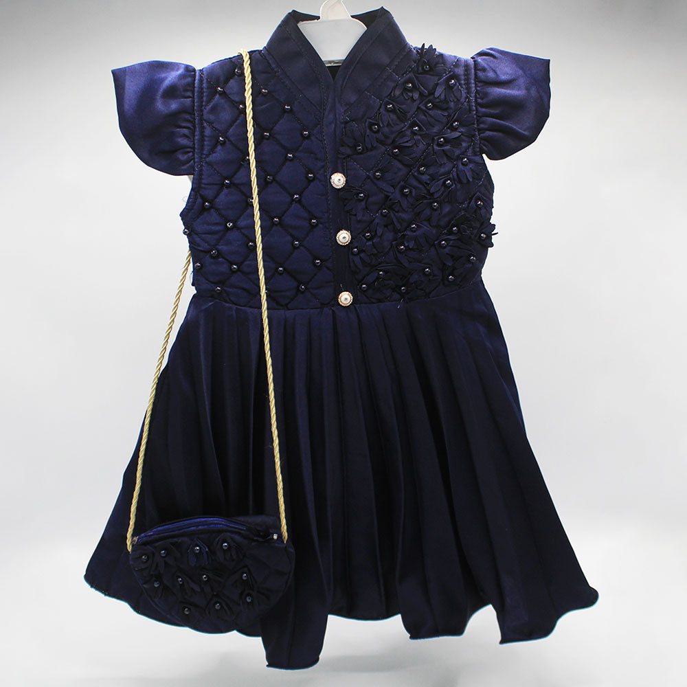 Girl Fancy Cut Sleeves Frock Flower Beads with Cute Purse and Trouser For 1-3 Years