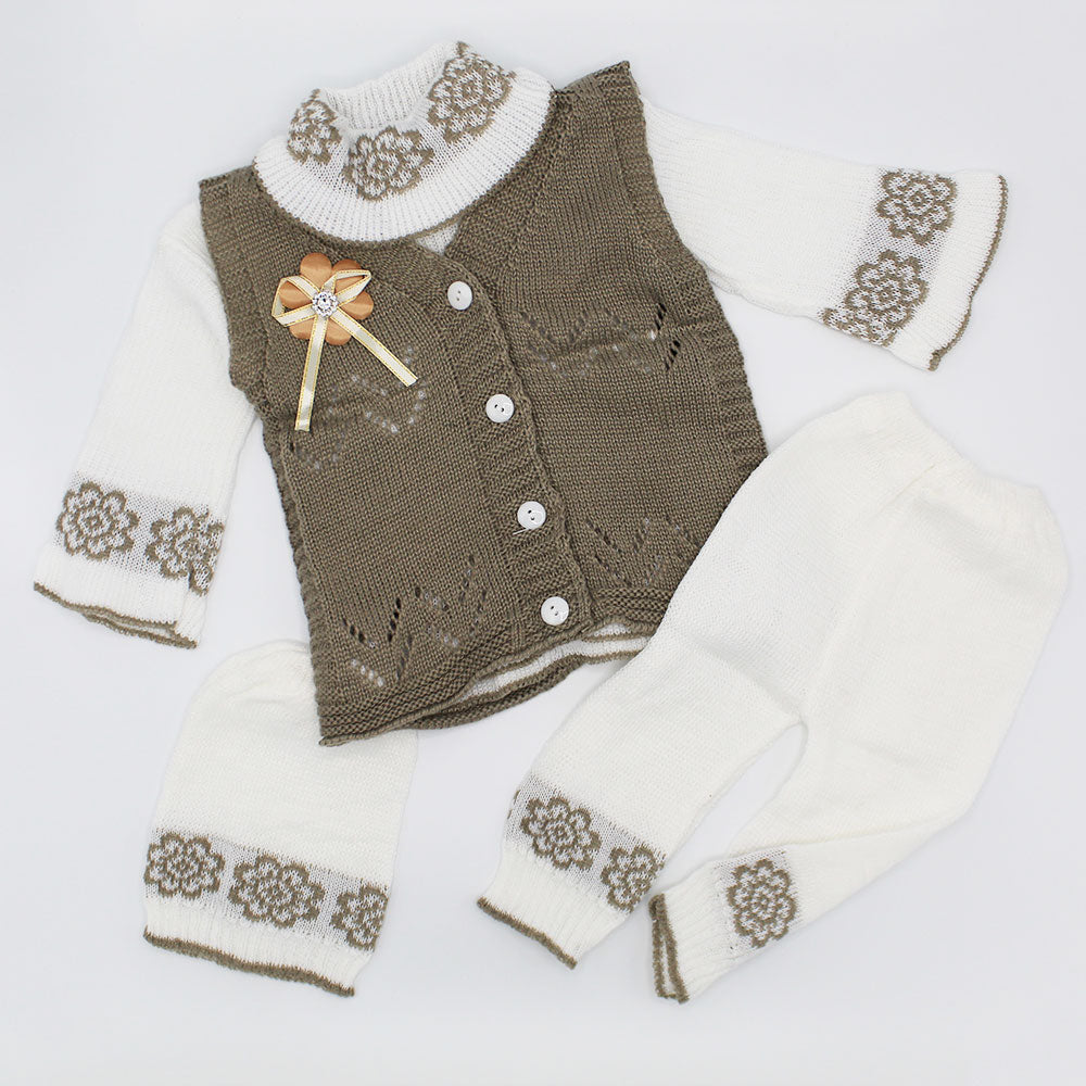 Baby Girl Winter Woolen Knitted Baby 4 Pcs Sweater Suit With Cap for 3-9 Months