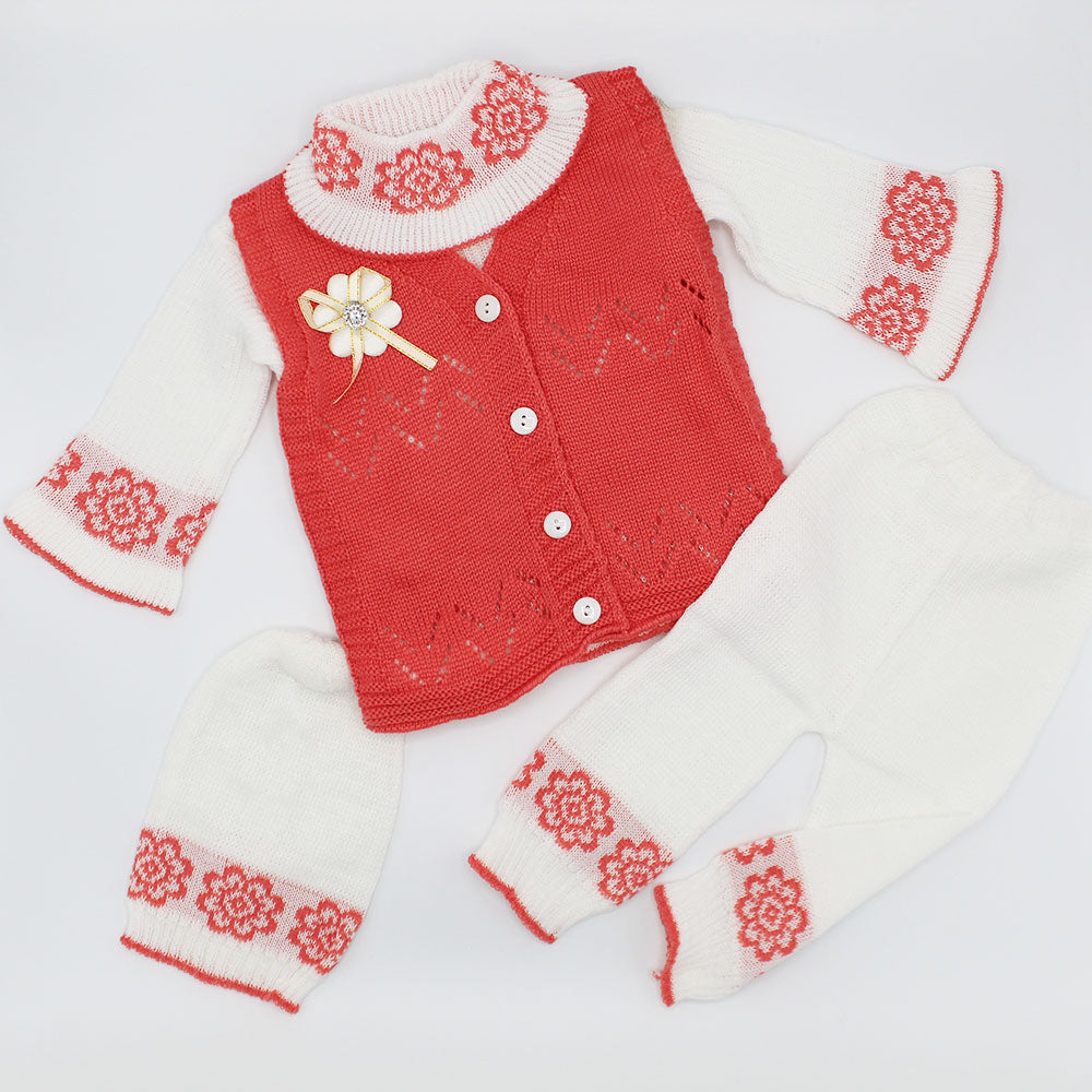 Baby Girl Winter Woolen Knitted Baby 4 Pcs Sweater Suit With Cap for 3-9 Months